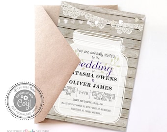 Rustic Mason Jar Wedding Invitation – Wood & Lace (Instant Download)