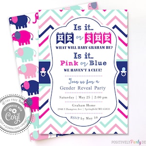 Gender Reveal He or She Invitation - Zig Zag Elephant 2 Sided Invitation - Editable Invitations - Instant Download - Corjl Invitations