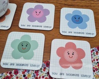 You are Blooming Lovely Coaster, Happy Flower Coaster, Floral Grid Coaster, 6 Flower Colour Coasters, 8.8cm