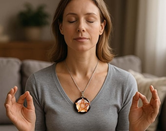 May include: A woman wearing a silver necklace with a pendant featuring a five-pointed star design. The pendant has a dark brown border and a light-colored center. The woman is wearing a gray shirt and is meditating with her eyes closed.