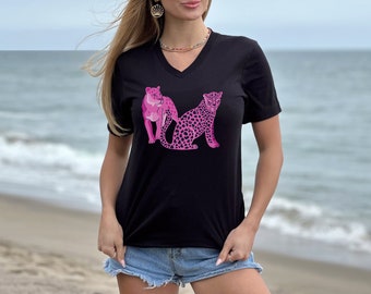 Pink Leopard V-Neck Tee, Leopard Lover, Animal Lover, Cat Lover Shirt, 2 Pink Leopards On Black Shirt, Dressy, Sporty, Wild Animal Fun