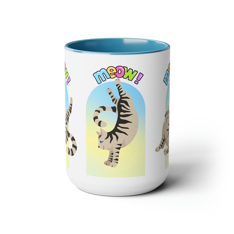 Meow Cat Coffee Mug, 15oz Yoga Cat, Whimsical, Cat Lover, Cat Owner ...