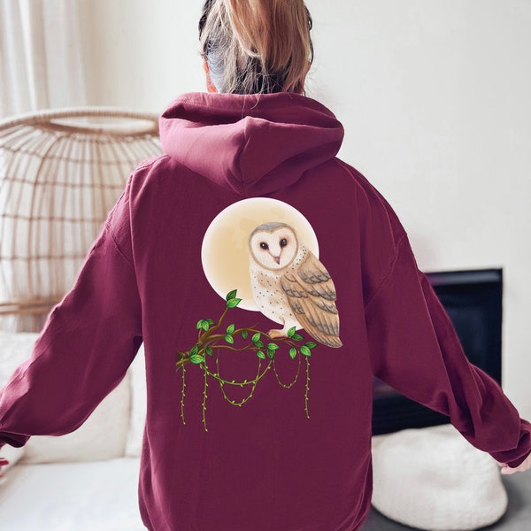 Owl With Full Moon Zip Up Hoodie Jacket Artsy Graphic Beige Tones Owl Lover Moonlight Night Full Moon Wise Owl in the Twilight Moonlight