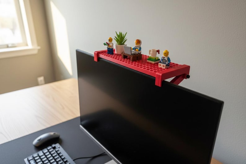 LEGO® - Compatible Monitor Shelf - Universal Fit Clip-On Screen Shelf for Minifigs, Webcam & Desk Decor Red