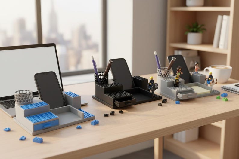 Pode incluir: Tr&ecirc;s organizadores de secret&aacute;ria em camadas constru&iacute;dos a partir de blocos de constru&ccedil;&atilde;o de pl&aacute;stico interligados. Cada unidade possui um suporte cil&iacute;ndrico para canetas, uma ranhura vertical para smartphone, uma pequena gaveta e uma superf&iacute;cie.