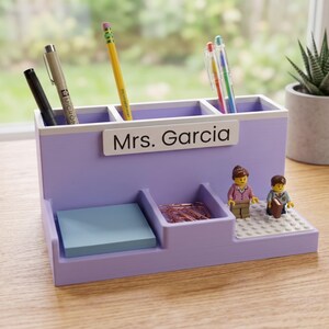 LEGO-Compatible Personalized Teacher Desk Organizer, Brick Name Plate, Pen Holder & Sticky Note Tray, Back to School Teacher Gift Purple