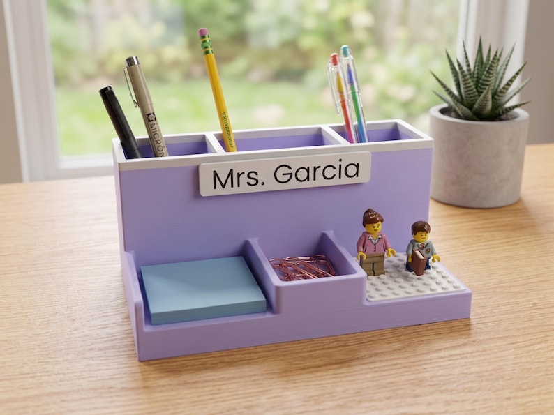 LEGO-Compatible Personalized Teacher Desk Organizer, Brick Name Plate, Pen Holder & Sticky Note Tray, Back to School Teacher Gift Purple