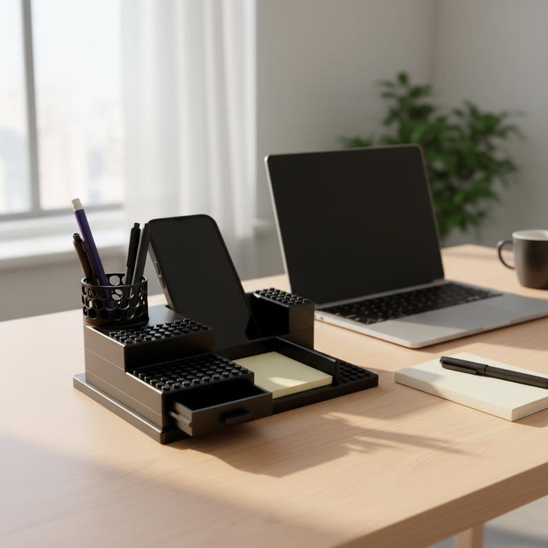 Pode incluir: Um organizador de secret&aacute;ria preto com um suporte cil&iacute;ndrico para canetas, uma ranhura vertical para smartphone, uma pequena gaveta e uma superf&iacute;cie plana para notas autocolantes. O organizador tem uma superf&iacute;cie superior texturada e escalonada.