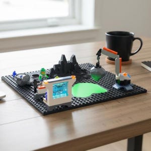 May include: A Lego construction set depicting a futuristic scene with a black baseplate. The set includes a crane, a control panel, a green alien figure, and a black mountain range. A black mug sits on a wooden coaster.