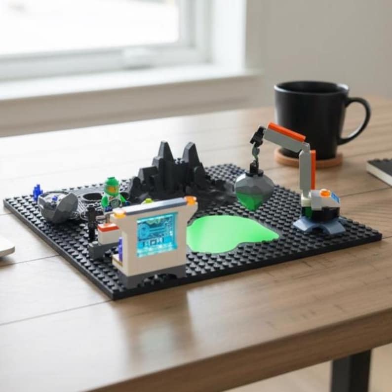 May include: A Lego construction set depicting a futuristic scene with a black baseplate. The set includes a crane, a control panel, a green alien figure, and a black mountain range. A black mug sits on a wooden coaster.