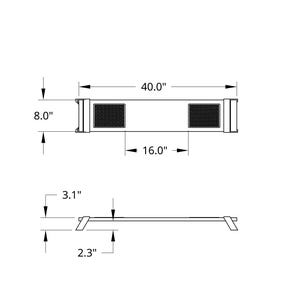 Pode incluir: Um diagrama de um objeto retangular com dimens&otilde;es. A vista superior indica um comprimento de 101,6 cm, uma altura de 20,3 cm e duas se&ccedil;&otilde;es separadas por 40,6 cm. A vista lateral mostra uma altura de 7,9 cm e uma largura de 5,8 cm.