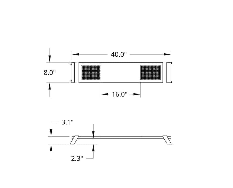 Pode incluir: Um diagrama de um objeto retangular com dimens&otilde;es. A vista superior indica um comprimento de 101,6 cm, uma altura de 20,3 cm e duas se&ccedil;&otilde;es separadas por 40,6 cm. A vista lateral mostra uma altura de 7,9 cm e uma largura de 5,8 cm.
