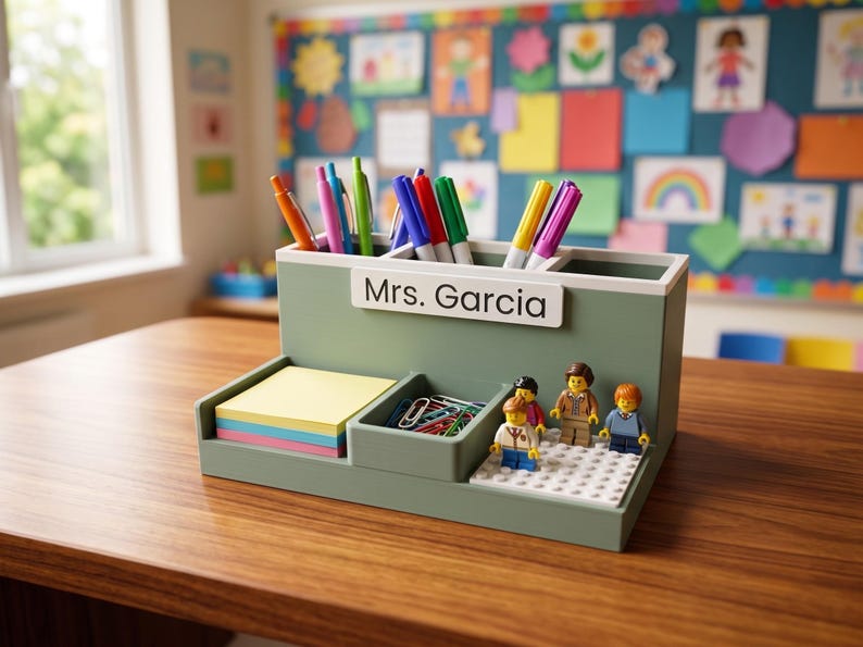 May include: A sage green desk organiser featuring a white nameplate with the text Mrs. Garcia. The organiser includes compartments for pens, a stack of colourful sticky notes, a small bin of metal paperclips, and a white building block base with three small plastic figures.