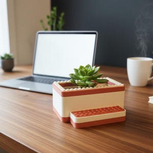 LEGO - Compatible Desk Planter w/ Minifig Display Ledge | Brick-Style Succulent/Air Plant Holder Terracotta Red