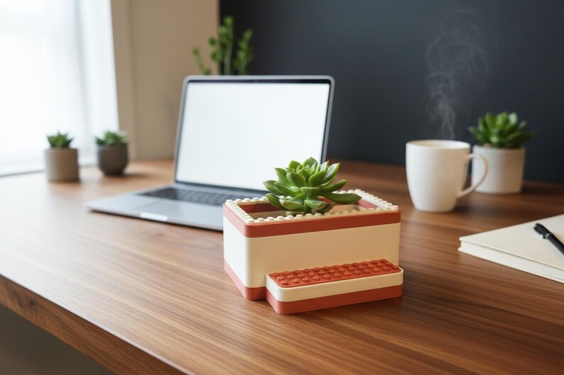 LEGO - Compatible Desk Planter w/ Minifig Display Ledge | Brick-Style Succulent/Air Plant Holder Terracotta Red