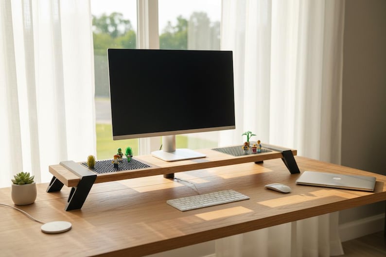 Pode incluir: Uma mesa de madeira com um monitor de computador, teclado e mouse. Um suporte de monitor de madeira com pernas pretas suporta o monitor. Pequenas plantas decorativas e estatuetas est&atilde;o no suporte. Um laptop e um carregador sem fio tamb&eacute;m est&atilde;o na mesa.