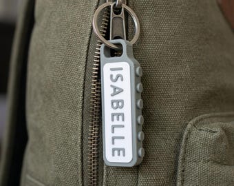 Personalized Name Keychain with Phone Number, Kids Backpack ID Tag, Custom Building Brick Keyring, Two-Sided Bag Tag, 3D Printed Gift