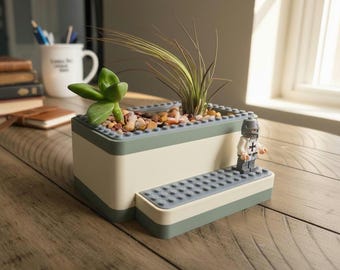 LEGO - Compatible Desk Planter w/ Minifig Display Ledge | Brick-Style Succulent/Air Plant Holder