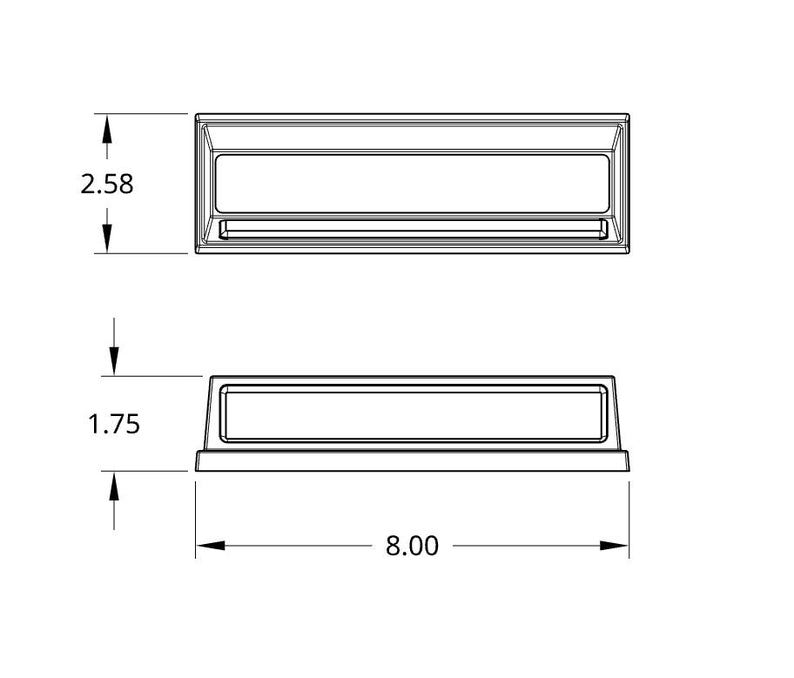 May include: A rectangular, white, top-down and side-view illustration of a product. The top view shows a length of 8.00 inches and a width of 2.58 inches. The side view shows a height of 1.75 inches.