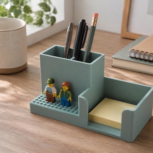 LEGO-Compatible Desk Organizer and Minifigure Display, Personalized Pen and Sticky Note Holder, Office Gift, Teacher Desk Gift