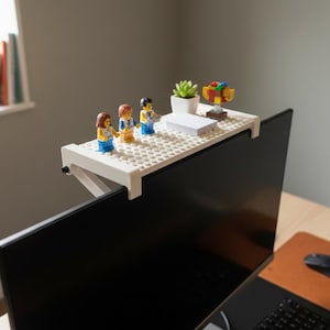 LEGO® - Compatible Monitor Shelf - Universal Fit Clip-On Screen Shelf for Minifigs, Webcam & Desk Decor White