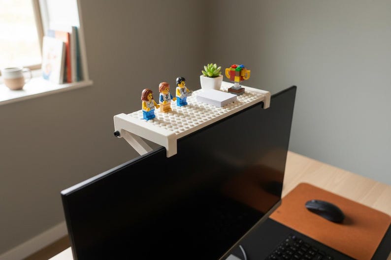 LEGO® - Compatible Monitor Shelf - Universal Fit Clip-On Screen Shelf for Minifigs, Webcam & Desk Decor White