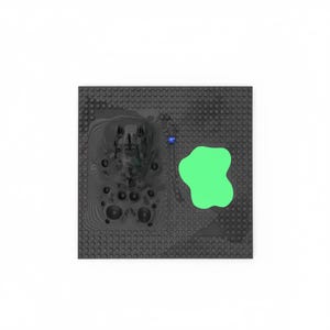 May include: A dark gray, textured surface with a complex, abstract design and a bright green blob. A small blue dot is also present. The design appears to be a 3D rendering or model.