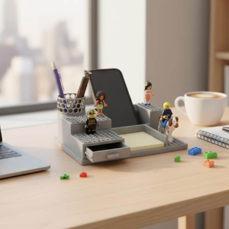 Pode incluir: Um organizador de secret&aacute;ria cinzento constru&iacute;do com texturas de blocos de constru&ccedil;&atilde;o, com um suporte cil&iacute;ndrico para canetas, um suporte para smartphone, uma pequena gaveta deslizante e uma superf&iacute;cie plana para notas autocolantes.