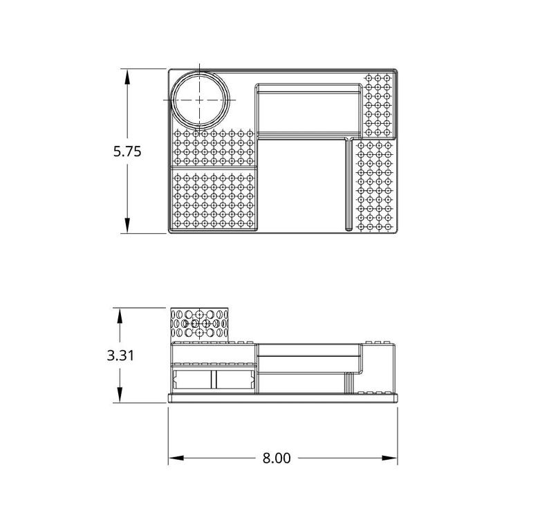 Pode incluir: Um desenho t&eacute;cnico preto de um organizador de mesa retangular com um porta-copos circular e v&aacute;rios compartimentos. O diagrama exibe dimens&otilde;es de 5,75 cm de altura e 8,00 cm de largura, com uma altura de perfil lateral de 3,31 cm.