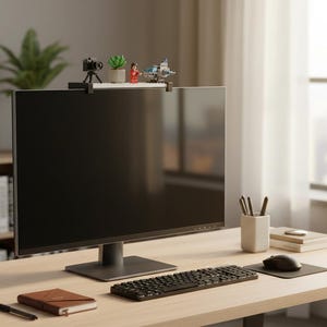May include: A modern home office setup featuring a large computer monitor, keyboard, and mouse on a light wood desk. Accessories include a smartphone, notebook, pen, and small decorative items like a camera and plant. The room has a bright, airy feel.