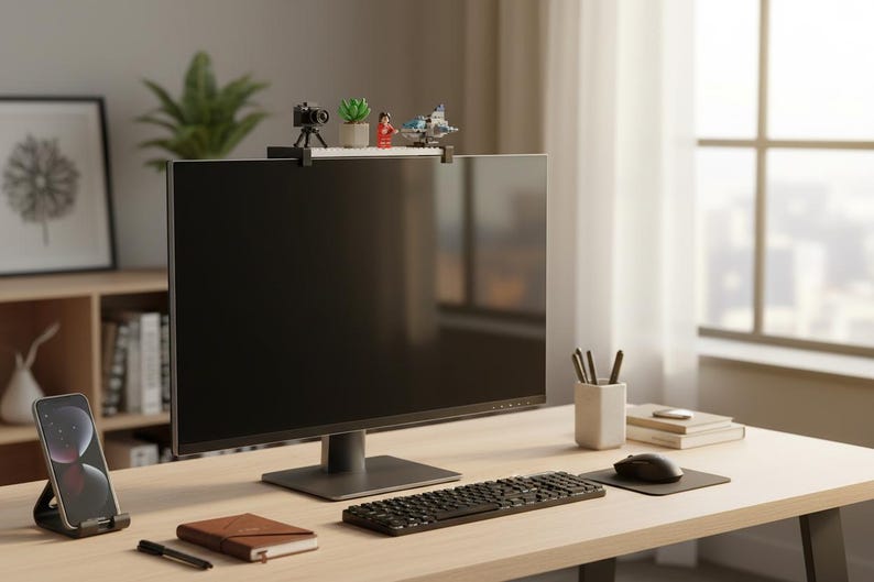 May include: A modern home office setup featuring a large computer monitor, keyboard, and mouse on a light wood desk. Accessories include a smartphone, notebook, pen, and small decorative items like a camera and plant. The room has a bright, airy feel.