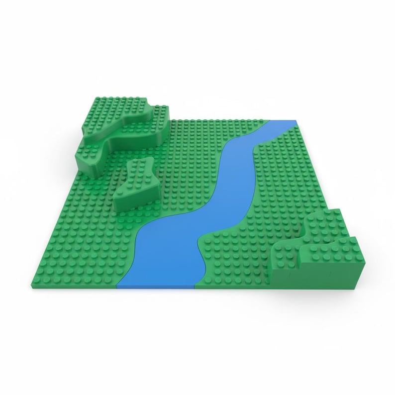 May include: A green Lego baseplate featuring a blue river and green Lego structures representing hills. The baseplate is covered in studs, and the river is a smooth, flat surface. The design suggests a landscape scene.