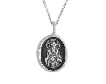 Jesus Sacred Heart Icon Wax Seal Pendant- Sterling Silver Religious Necklace