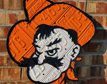 Oklahoma State Logo made from License Plates