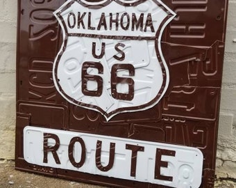 Oklahoma Route 66 Sign made from License Plates