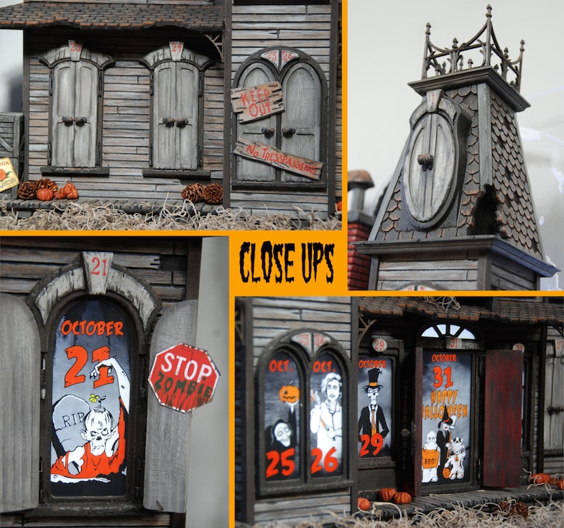 This Halloween Advent Calendar house is hand crafted. It's a spooky Victorian mansion that's sure to amaze you. image 3