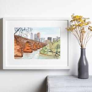 Stone Arch Bridge Watercolor Print - Ink and Pen Drawing - Minneapolis Minnesota Wall Art - Giclee Fine Art Paper Print