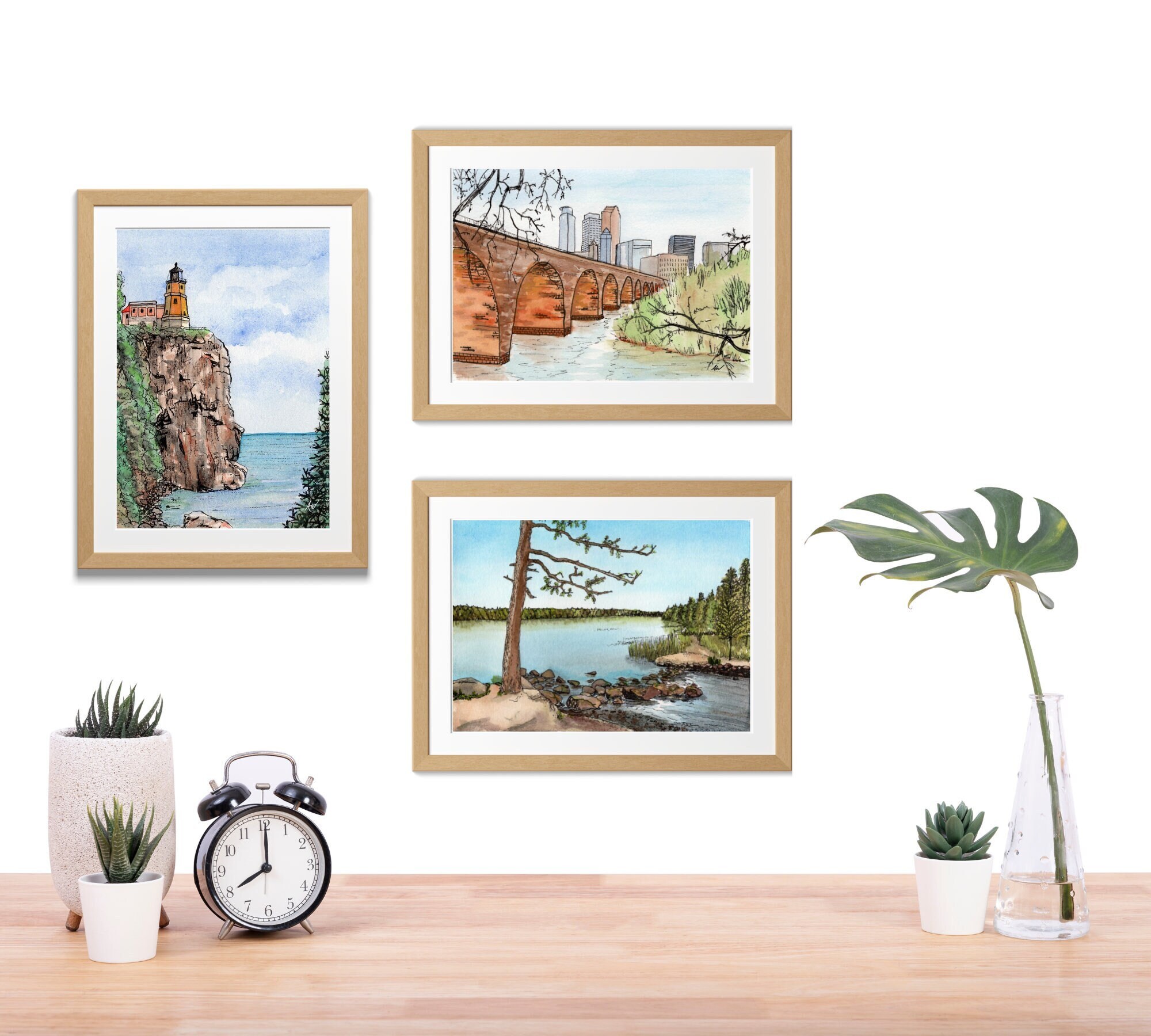 Minnesota Watercolor Print - Up North MN Wall Art - Stone Arch Bridge - Itaska State Park Mississippi Headwaters - Split Rock Lighthouse