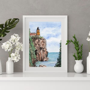 Split Rock Lighthouse Watercolor Print - Ink and Pen Drawing - Up North Minnesota Wall Art - Giclee Fine Art Paper Print