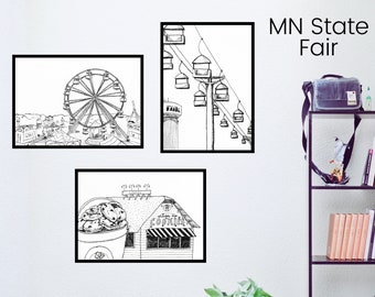 Minnesota State Fair Group - Ink and Pen Drawing - Minnesota Print - Instant Digital Download Art - Sweet Marthas Cookies - Farris Wheel