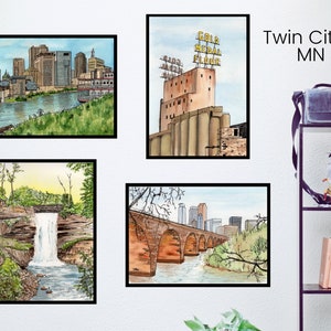 Twin Cities Watercolor Painting - Minnesota Digital Download - Stone Arch Bridge - US Bank Stadium - Mill City Museum - Minnehaha Falls