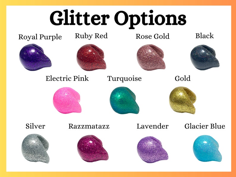 Op de afbeelding: Afbeelding met glitter schedelvormige objecten in verschillende kleuren, waaronder Royal Purple, Ruby Red, Rose Gold en Black. Andere kleuren zijn Electric Pink, Turquoise, Gold, Silver, Razzmatazz, Lavender en Glacier Blue. De tekst bovenaan luidt "Glitter Options."