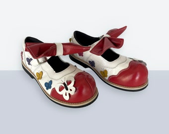 Handgefertigte Leder Clown Schuhe | Damen Rot Professionelle Kostümschuhe Mary Jane Style