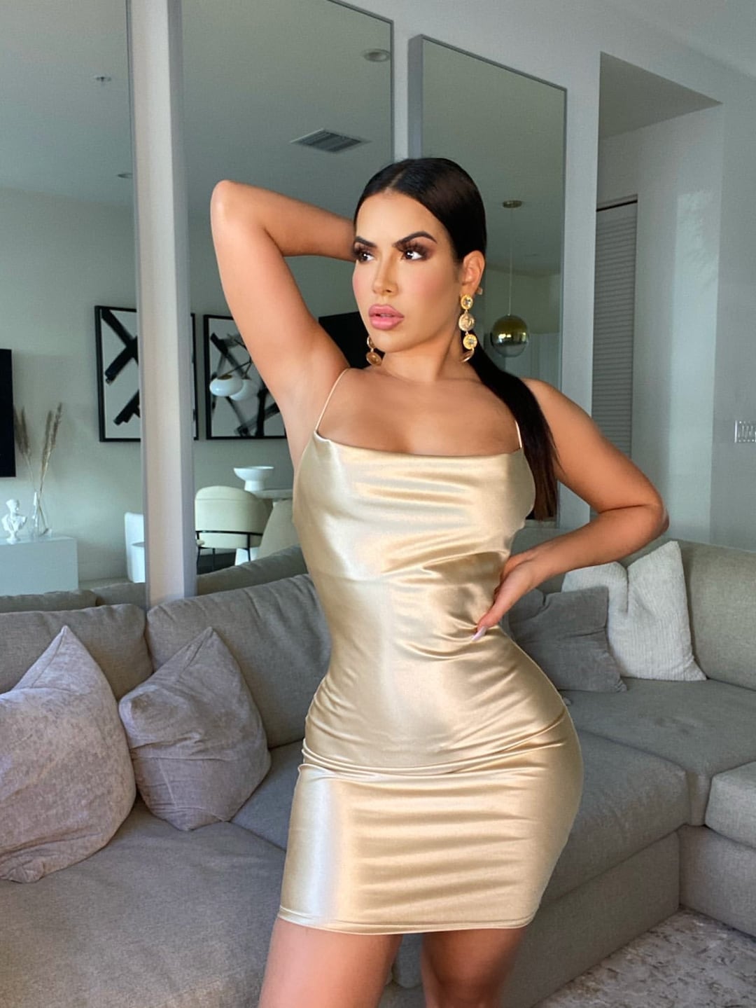 Sexy Gold Satin Mini Dress 