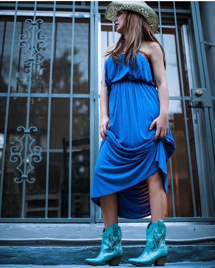 blue dress and cowboy boots Stetson Western Denim Maxi Dress