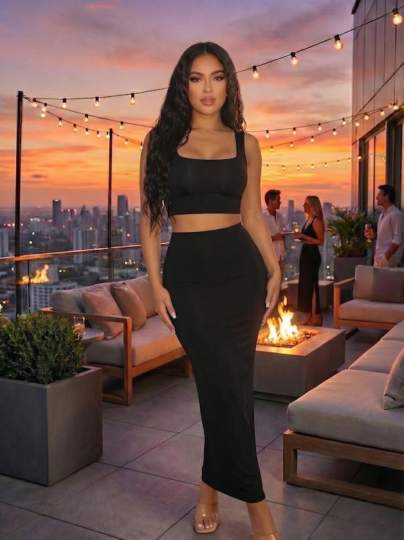 Dress Long Skirt With Crop Top Piece Black Crop Top Maxi Skirt Set Dress Long Skirt With Crop Top Piece Black Crop Top Maxi Skirt Set