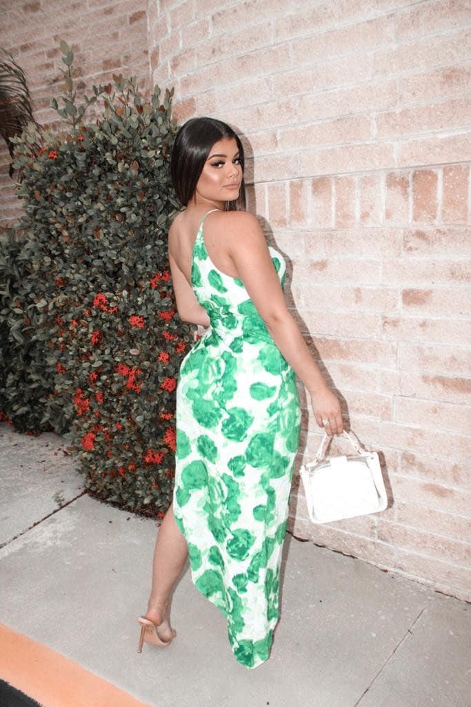 Green Floral One Shoulder Midi Length Dress Green Floral One Shoulder Midi Length Dress