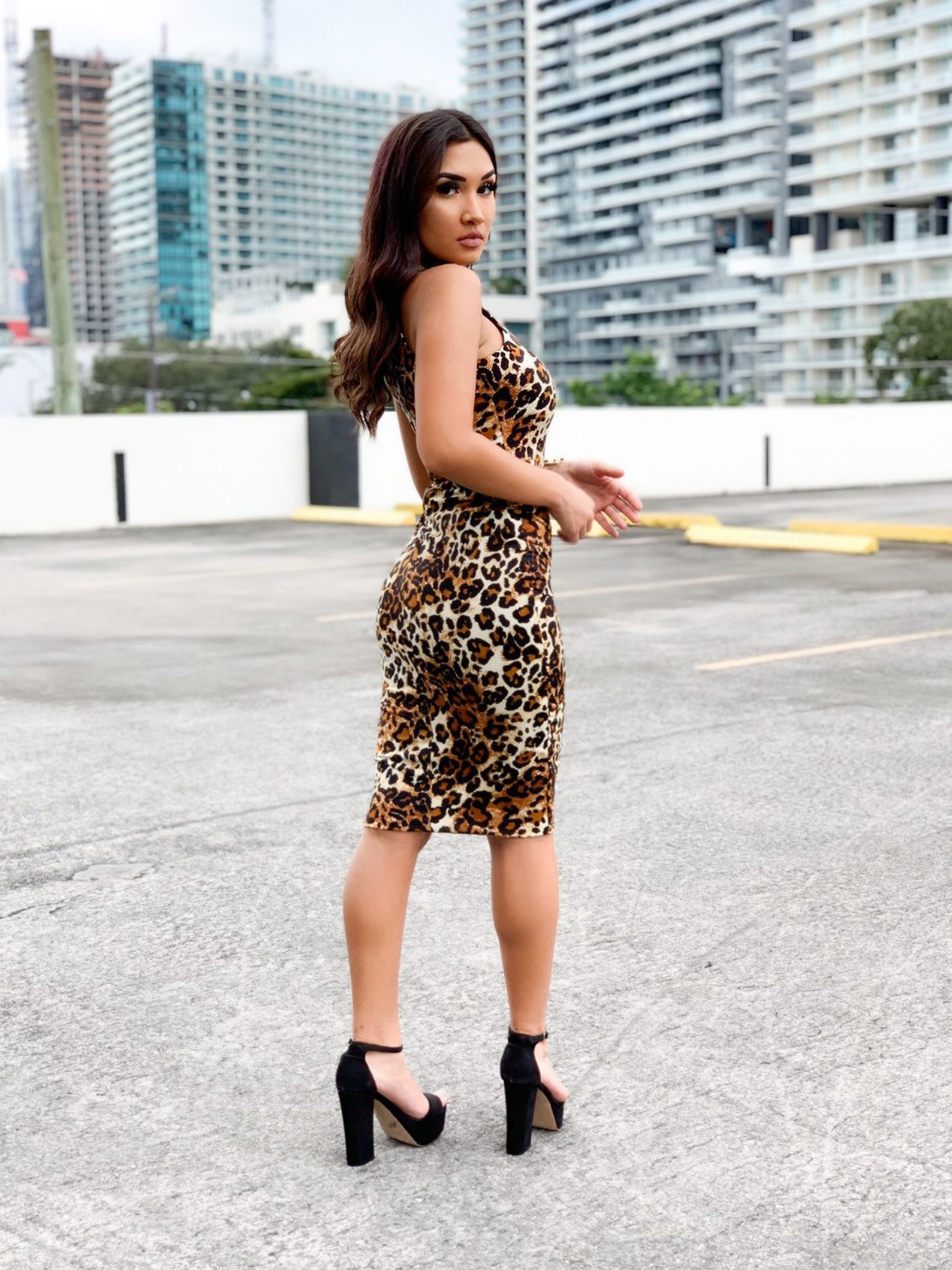 Cheetah body con dress with tie detail S-M