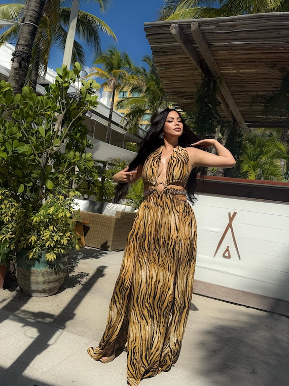 Brown Animal Print Slit Maxi Dress Brown Animal Print Slit Maxi Dress