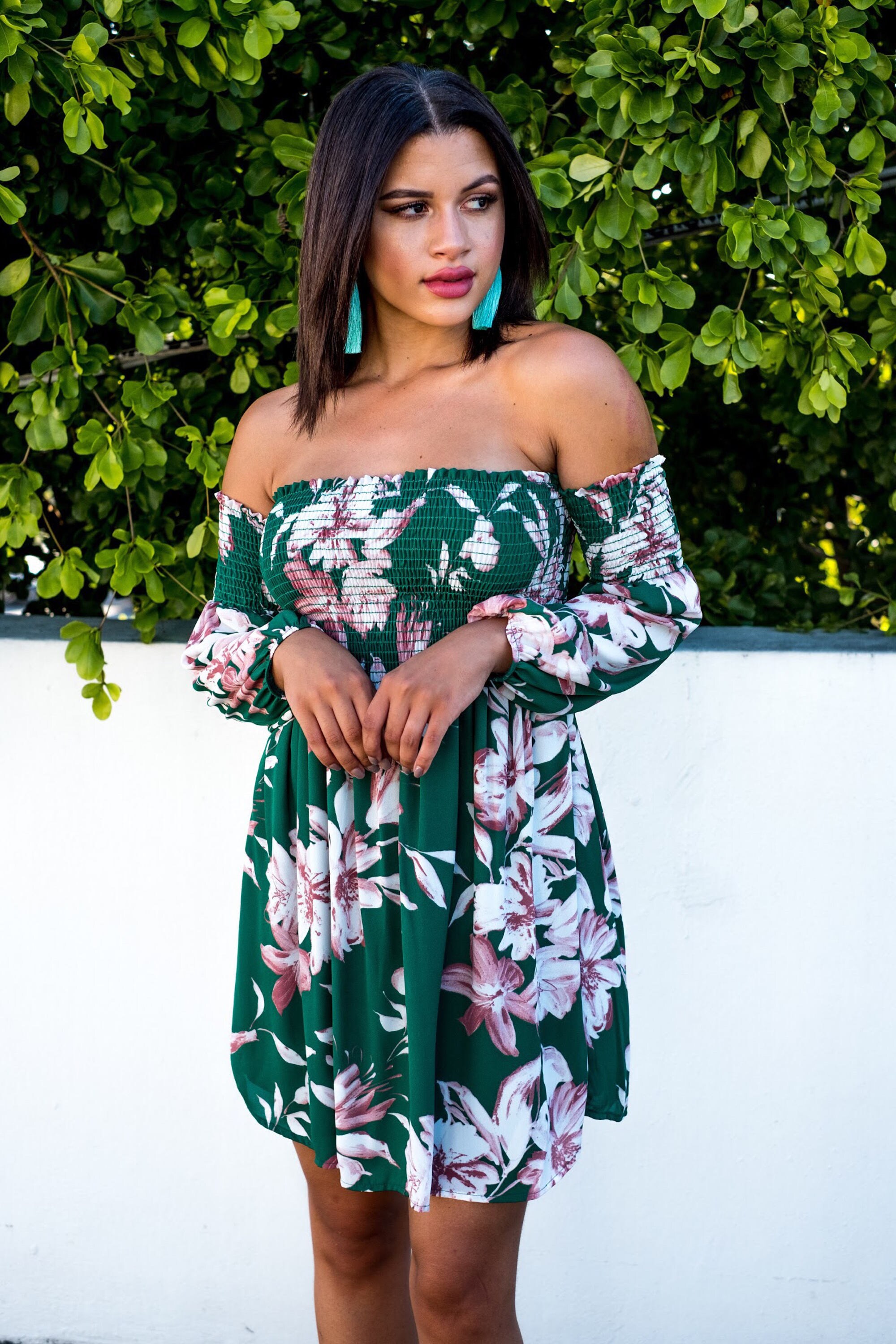 Green Floral Off Shoulder Shift Dress